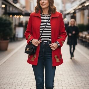 Vintage 90s Simon Chang Red Scottish Terrier Jacket Size 10 Unique Dog Appliques